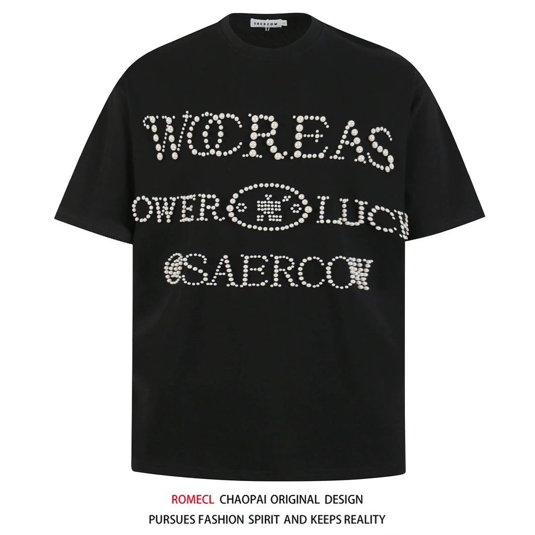 ROMECL夏季美式复古珍珠工艺短袖T恤男女百搭情侣宽松休闲半袖潮