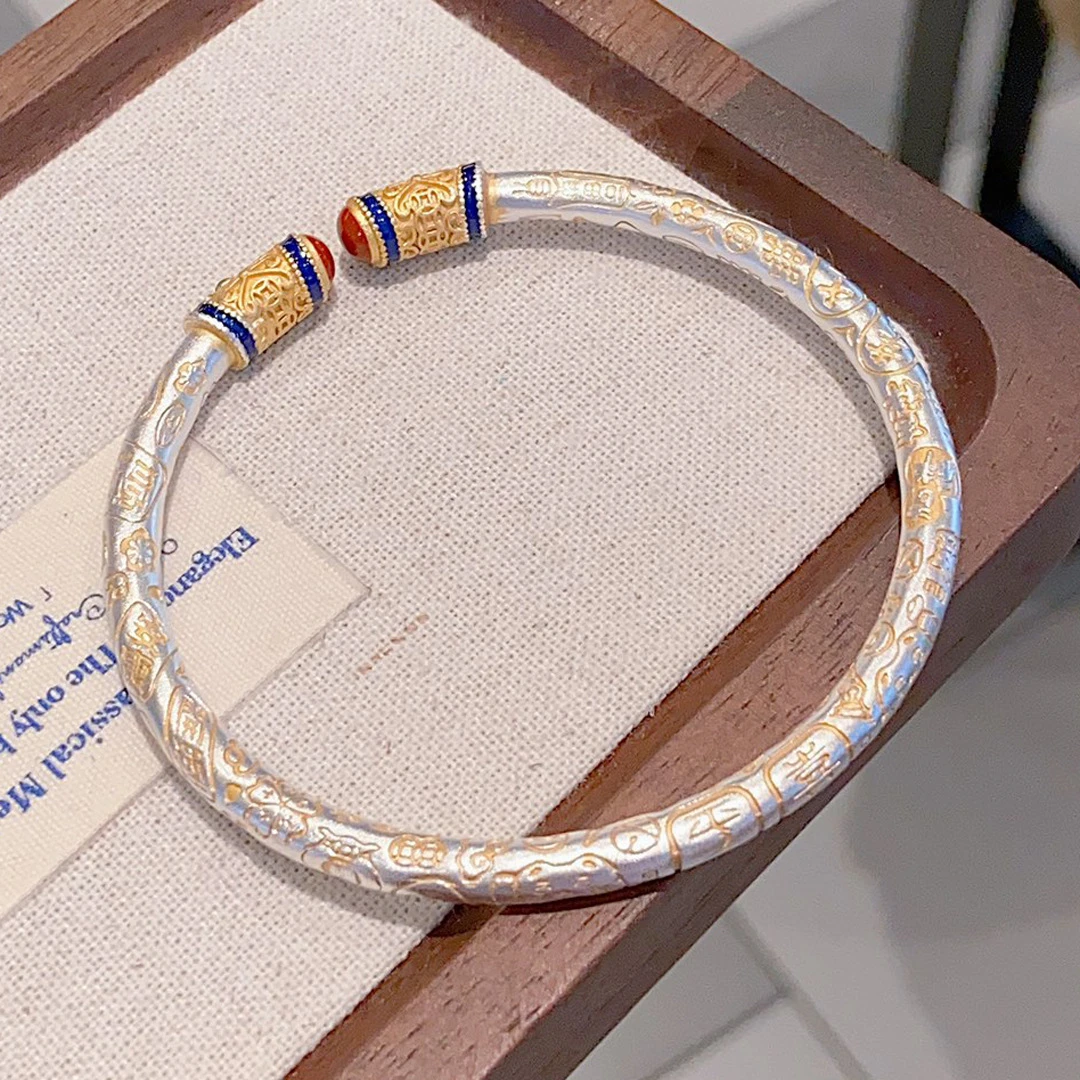 足银手镯 999.9 【21】描金珐琅足银手镯开口实心古法银吉言中国风