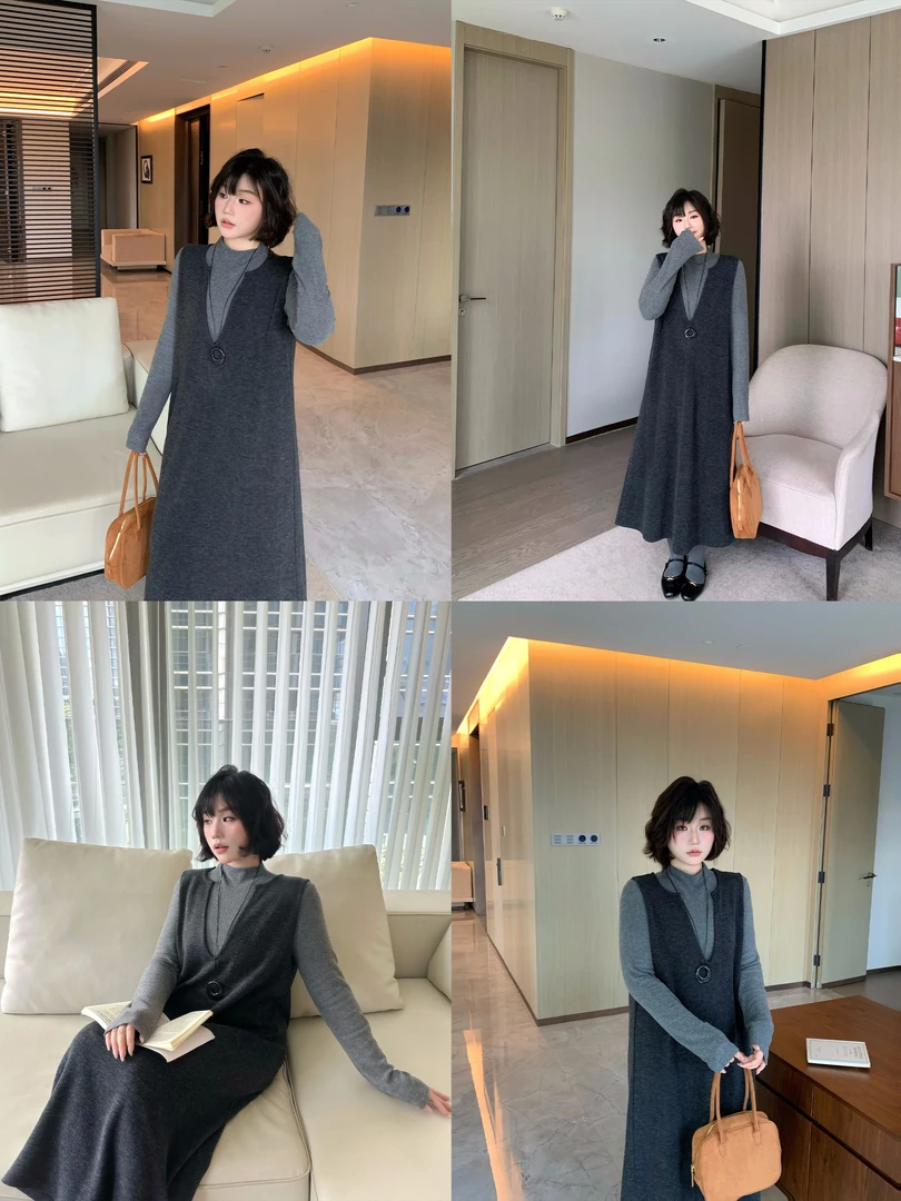 月半鱼【极简主义】慵懒气质2025年新款秋冬无袖灰色A版毛织背心裙