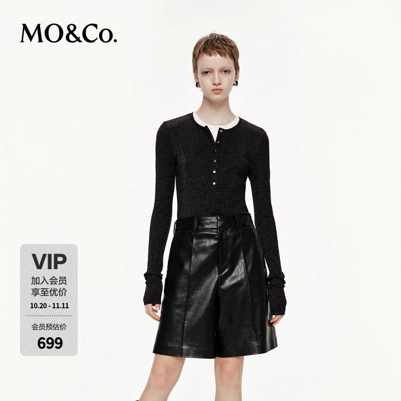 MOCO上衣2025秋新品金属丝匹马棉亨利领一体无缝针织衫MBE3TOP023