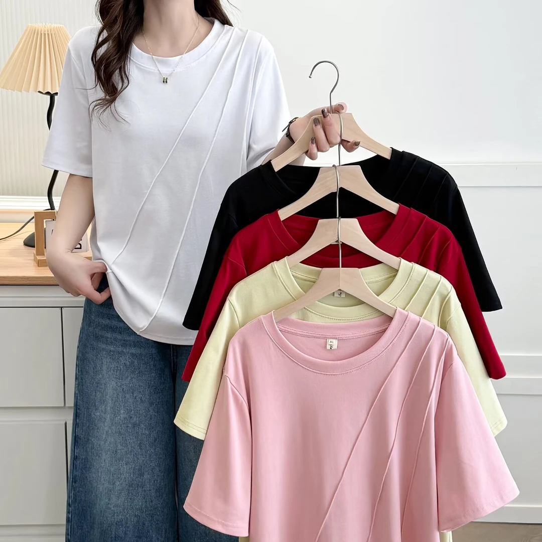 白色正肩圆领短袖T恤夏装女款2025新款纯色简约修身显瘦鱼骨上衣