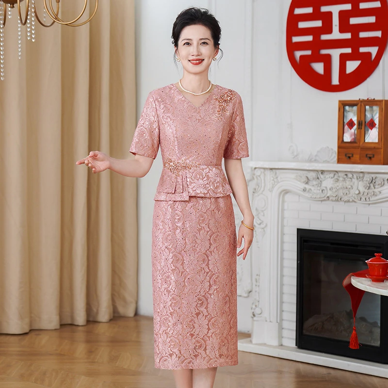 50626新品蕾丝气质高端喜妈妈婚礼喜服订婚礼服年轻婚宴装连衣裙