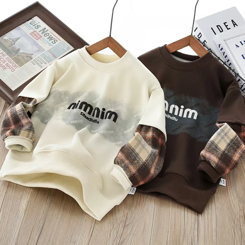 儿童卫衣2025春季新款时尚中大童舒适休闲潮牌格子圆领假两件上衣