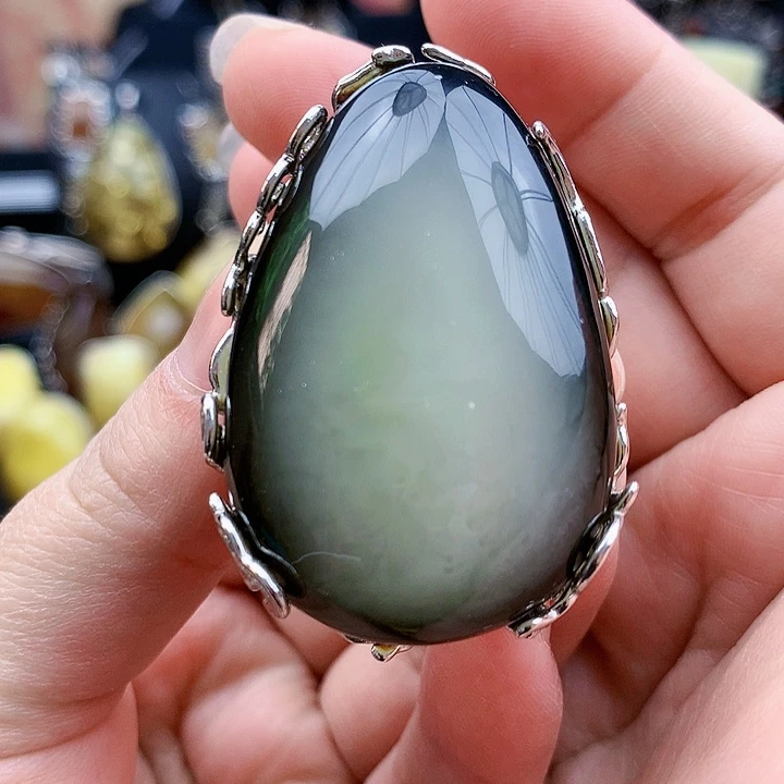 琥珀裸石银S925镶嵌戒指