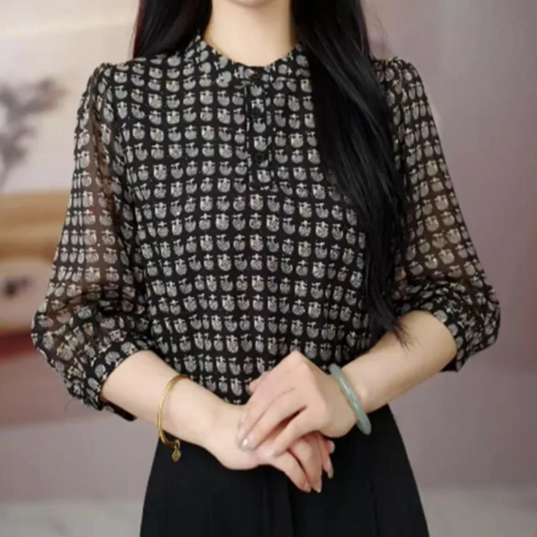 新款2025夏季七分袖黑色波点印花宽松气质显瘦百搭女装薄款上衣潮