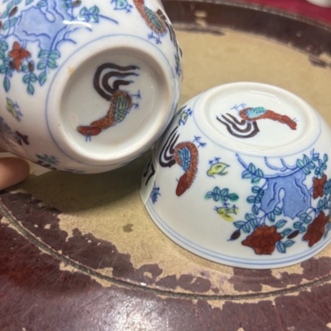斗彩鸡缸杯手绘一对