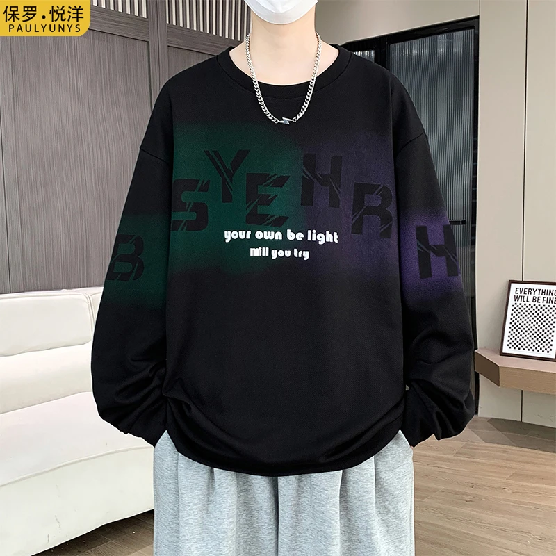 保罗悦洋秋季新品男士休闲圆领卫衣渐变字母青少年套头T恤打底衫