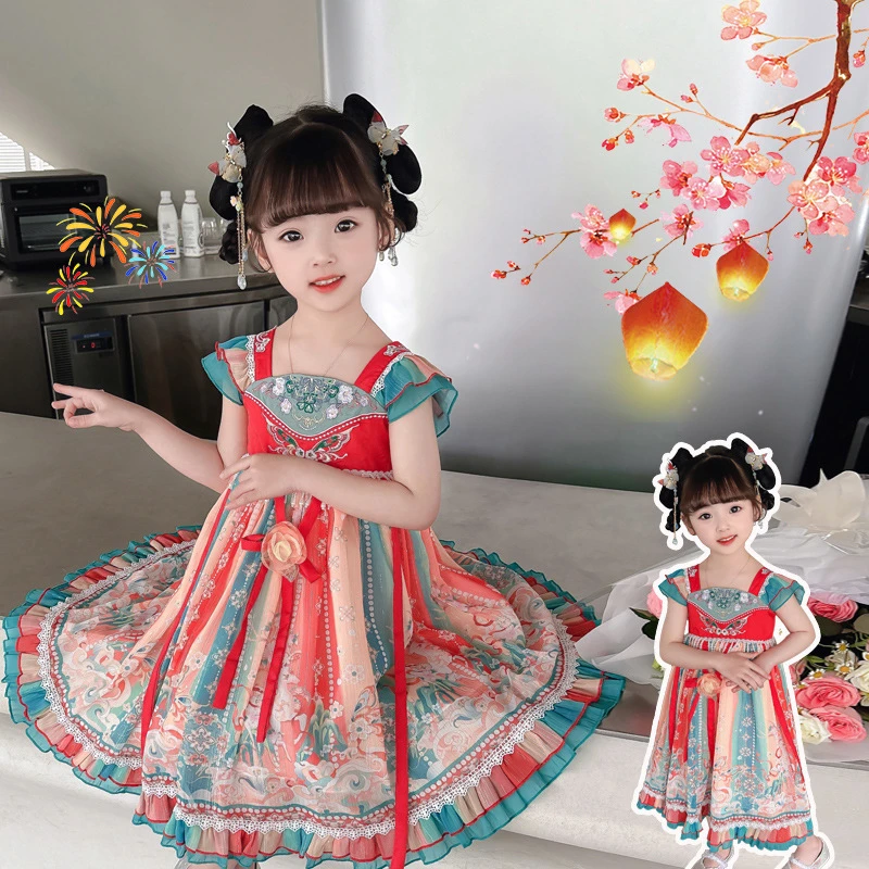巴拉童年儿.童汉服古装连衣裙2025新款夏装中国风唐装薄款女.童改