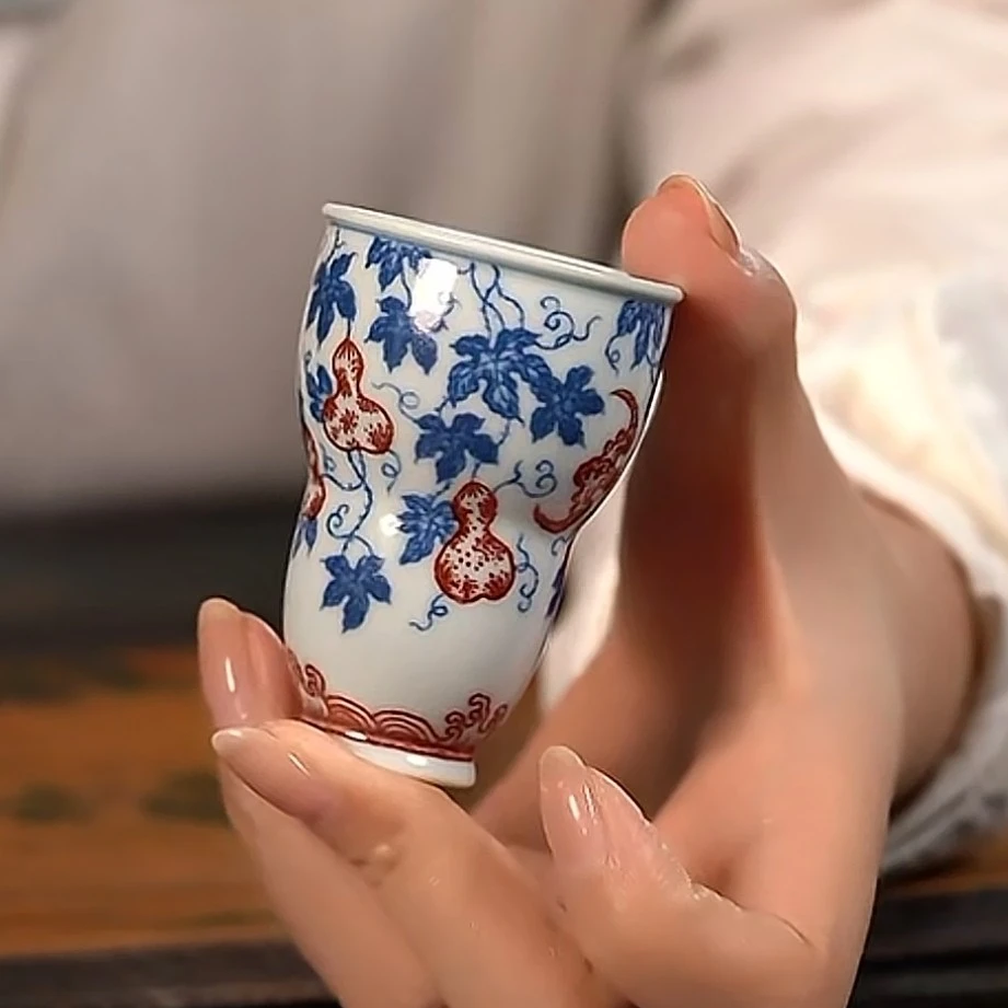 【品遗敬仁】贵红窑青花釉里红福禄葫芦闻香杯60cc 口径4.7 高6.8cm