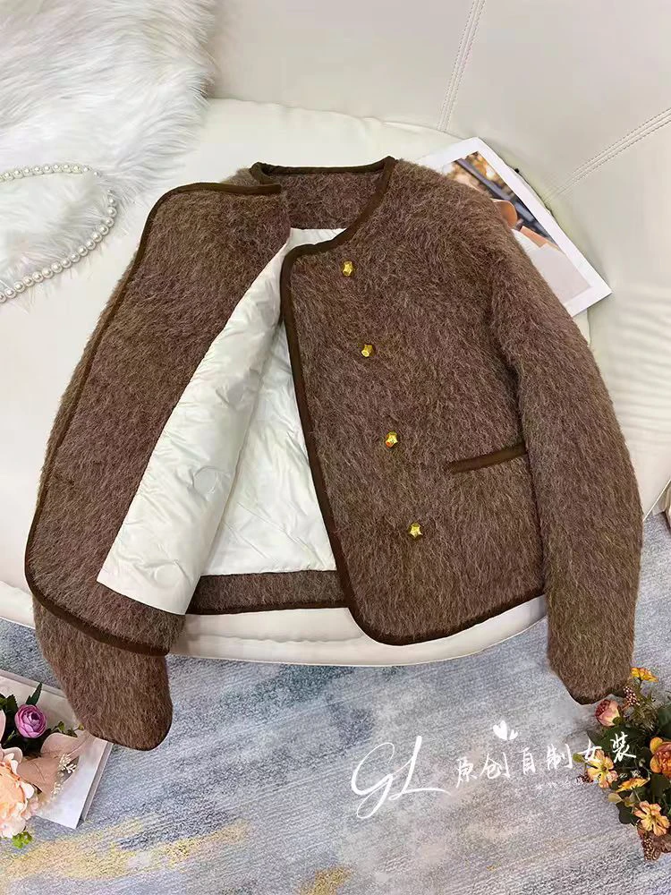 高级感咖色毛呢小香风棉服女冬季韩版宽松加厚外套