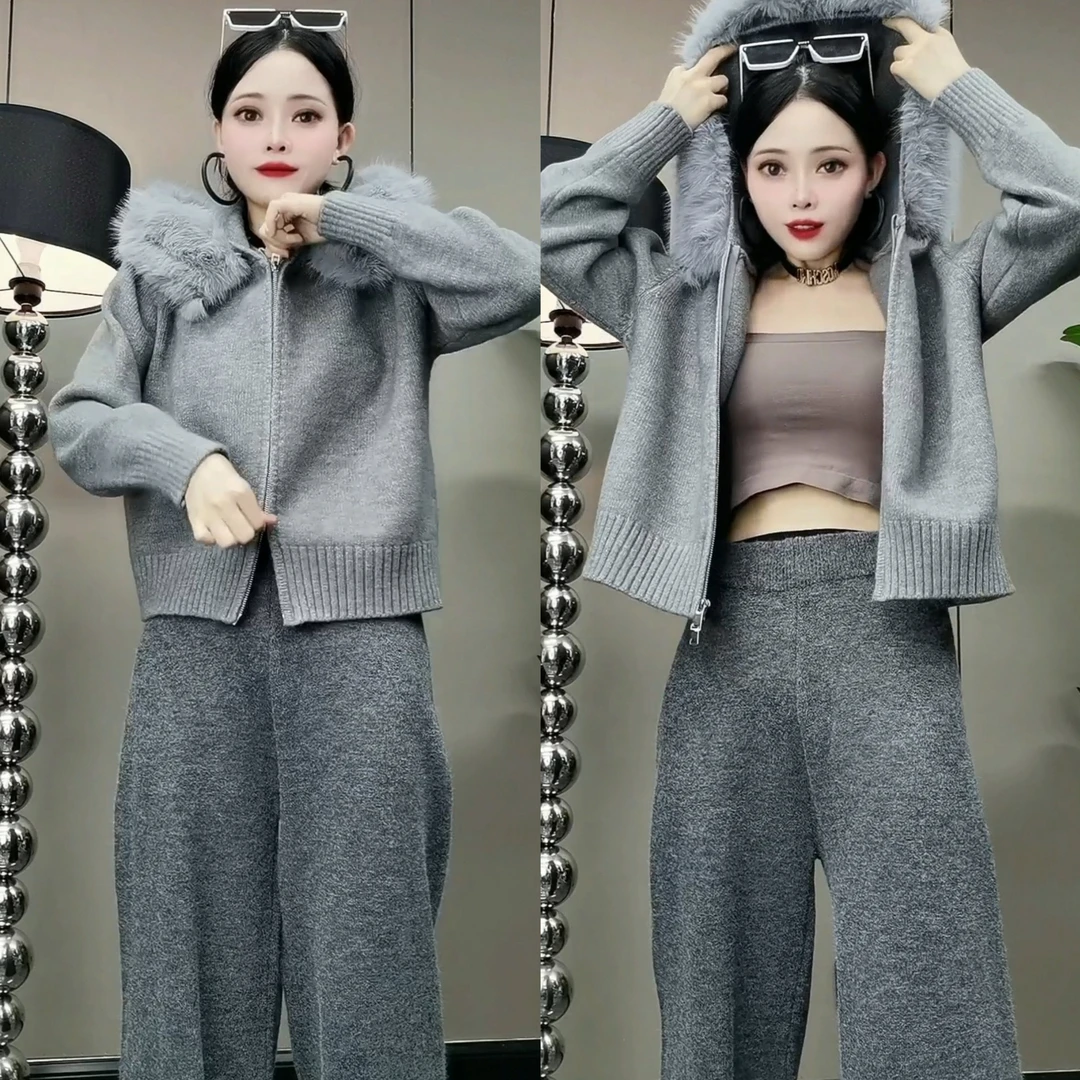 韩国chic秋冬复古气质宽松休闲百搭长袖大毛领连帽针织毛衣外套女