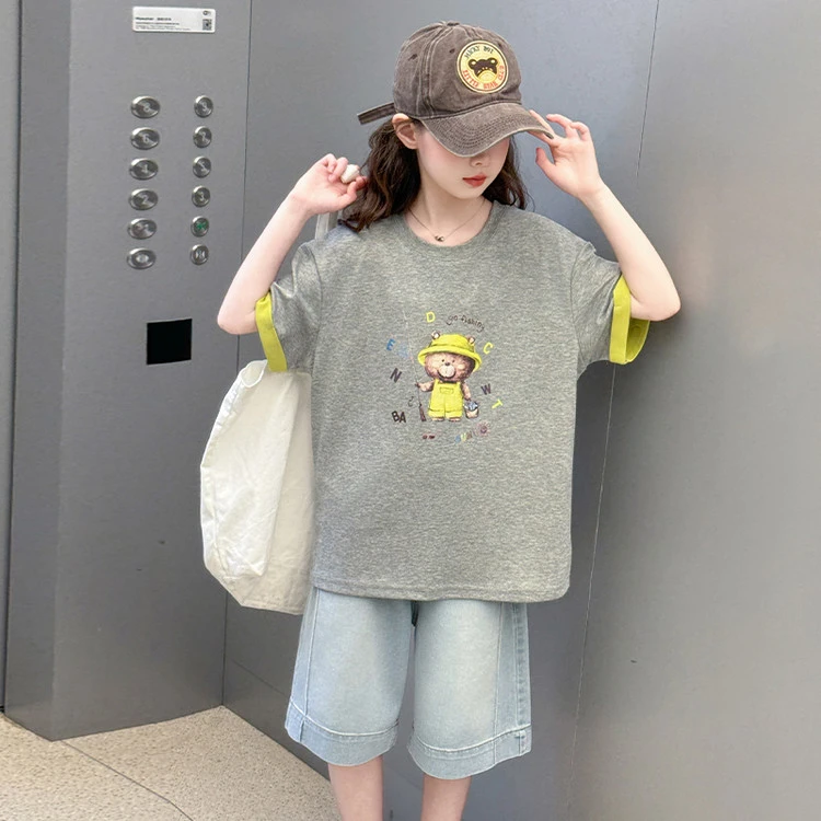 时尚女童小熊印花短袖T恤牛仔中裤套装夏季2025新款中大童两件套