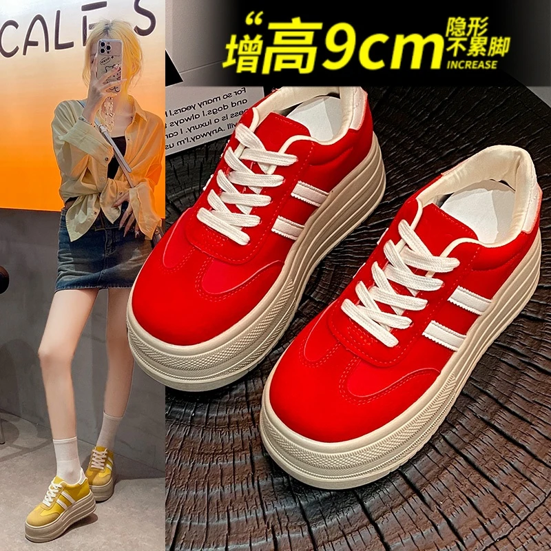 真皮9cm厚底内增高德训鞋女2025秋季新款复古休闲运动鞋板鞋潮