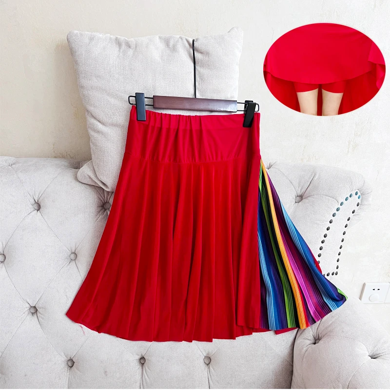 50cm杨丽萍广场舞半身裙夏季大裙摆冰丝跳操红色防走光跳舞短裙子