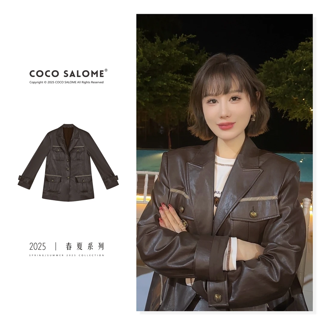 韩彬彬"新年皮衣"初秋出游穿搭琥珀流光西装领显瘦百搭皮衣0753-9