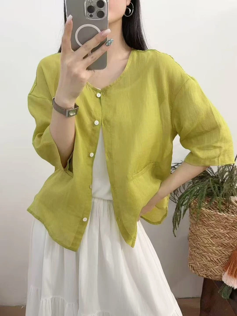 【菲菲爱穿搭】100纯苎麻圆领纯色防嗮外套夏季新款薄款文艺休闲