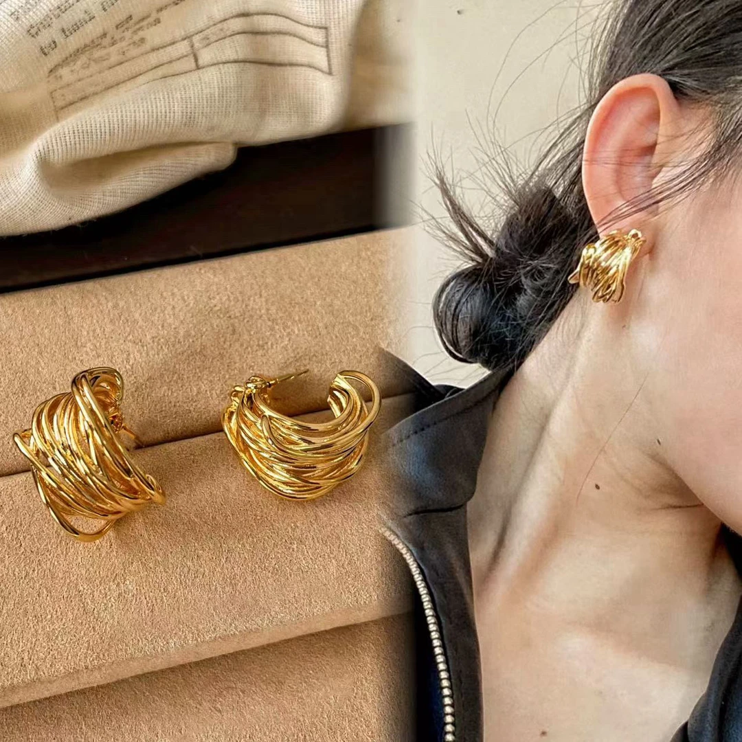 铜合金耳饰 【线条】超洋气缠绕C圈韩系复古设计感金属耳饰 A44
