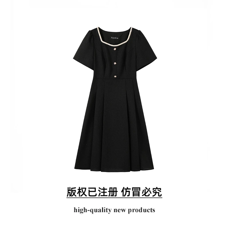 奢姿大码女装2025夏季时尚减龄方领连衣裙胖妹妹气质撞色短袖裙子