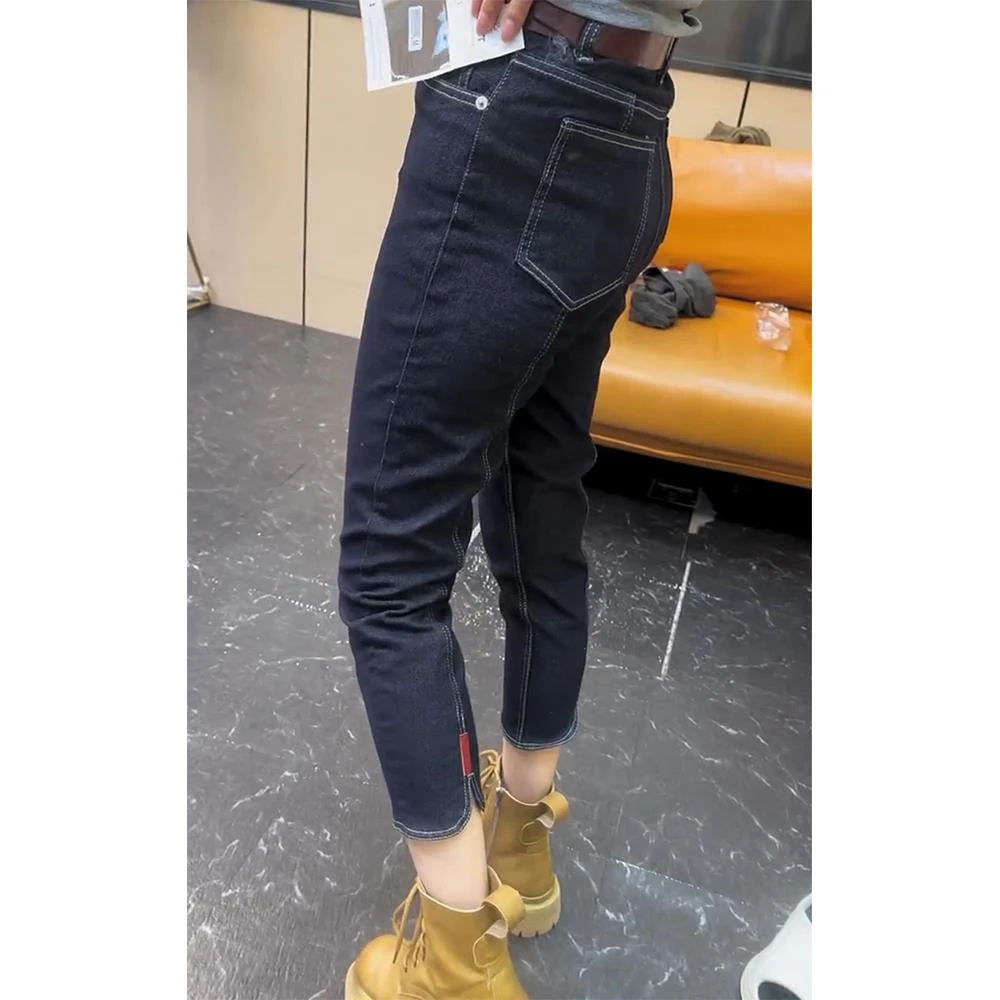 梨型身材裤子大码高腰弹力直筒牛仔裤女秋胖mm修身显瘦九分烟管裤