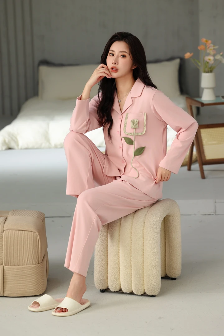 德绒女士睡衣家居服长袖翻领开衫花朵磨毛套装休闲春秋款保暖宽松