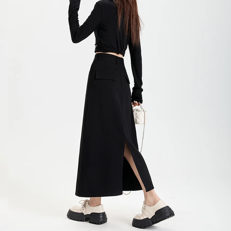 黑色高腰牛仔半身裙女2025春秋中长款显瘦A字包臀后开叉设计裙子