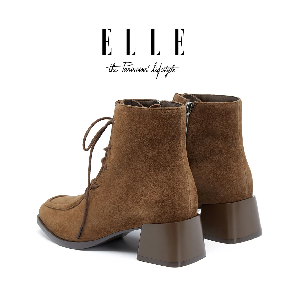 ELLE琥珀流光风莫卡辛靴女2025新款增高显瘦系带短靴羊绒面瘦瘦靴