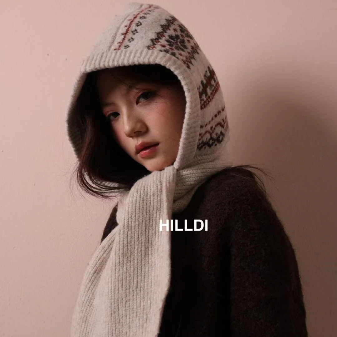 秋冬韩系氛围感费尔岛围巾帽
