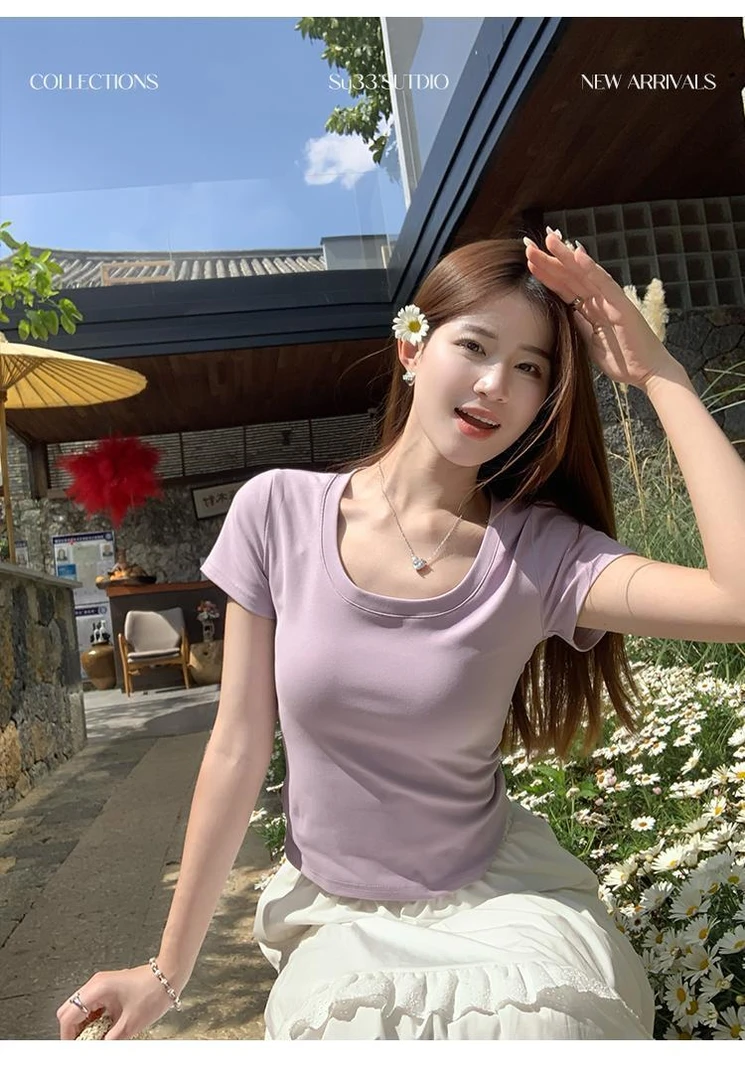 夏季短款U领紧身短袖T恤女百搭显瘦白色设计感高考毕业季纯色上衣