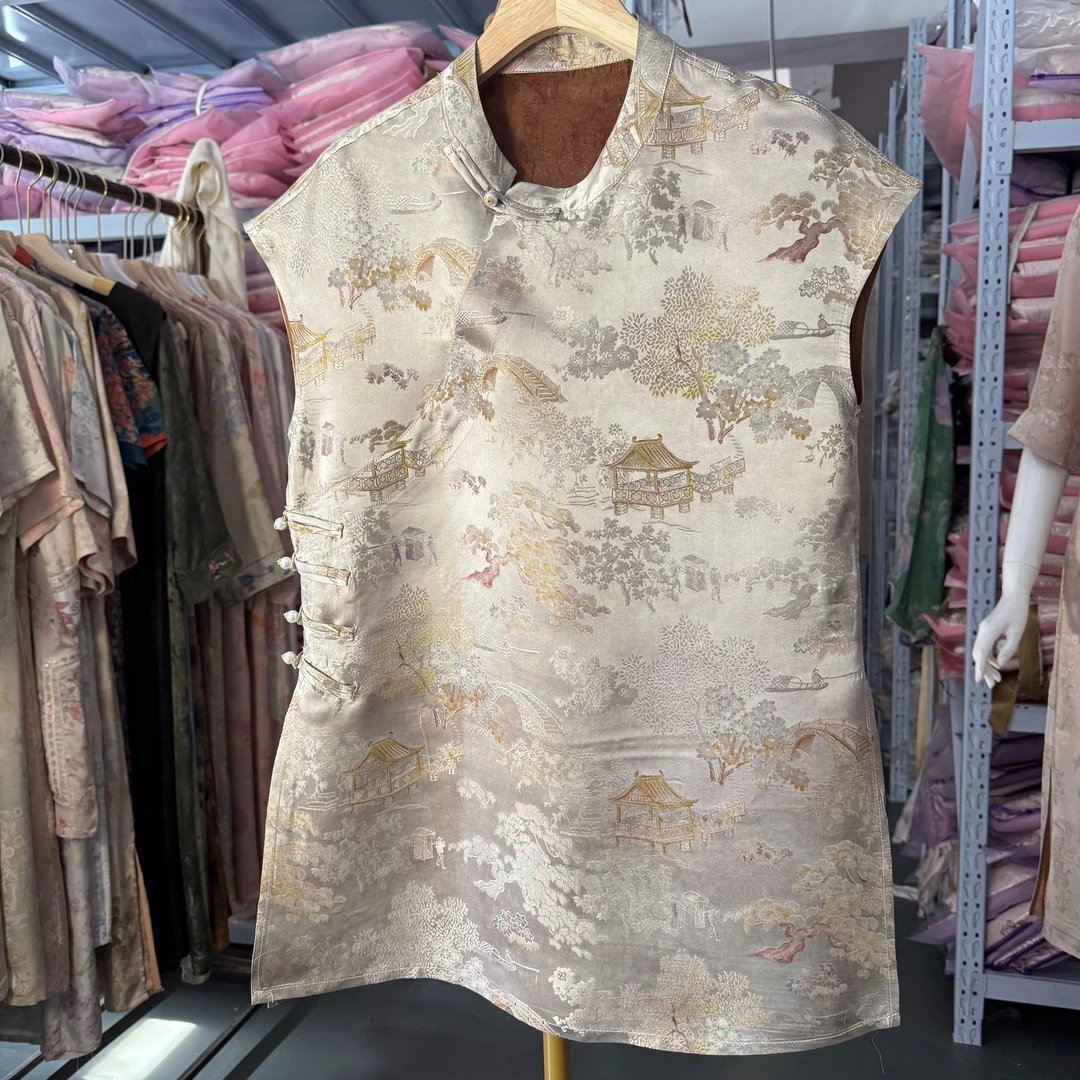 [楼阁]夏季国风印花无袖衬衫新中式女装