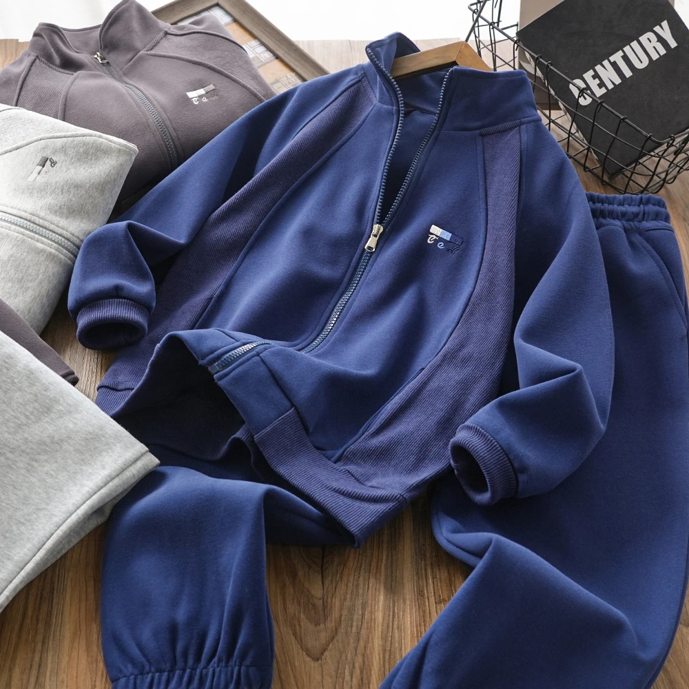 儿童男童春秋新款字母刺绣拼接拉链外套套装中大童两件套2024026