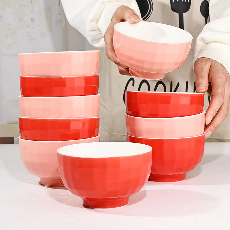 水晶4.5英寸8只装碗家用饭碗陶瓷米饭碗红色