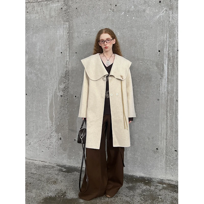 DIDDI MODA大翻领牛角扣大衣中长款双面呢羊毛外套女