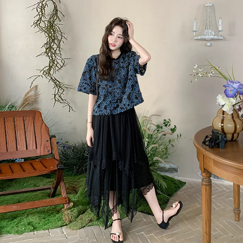 夏日ootd穿搭一整套法式蕾丝刺绣上衣不规则半身裙气质显瘦两件套