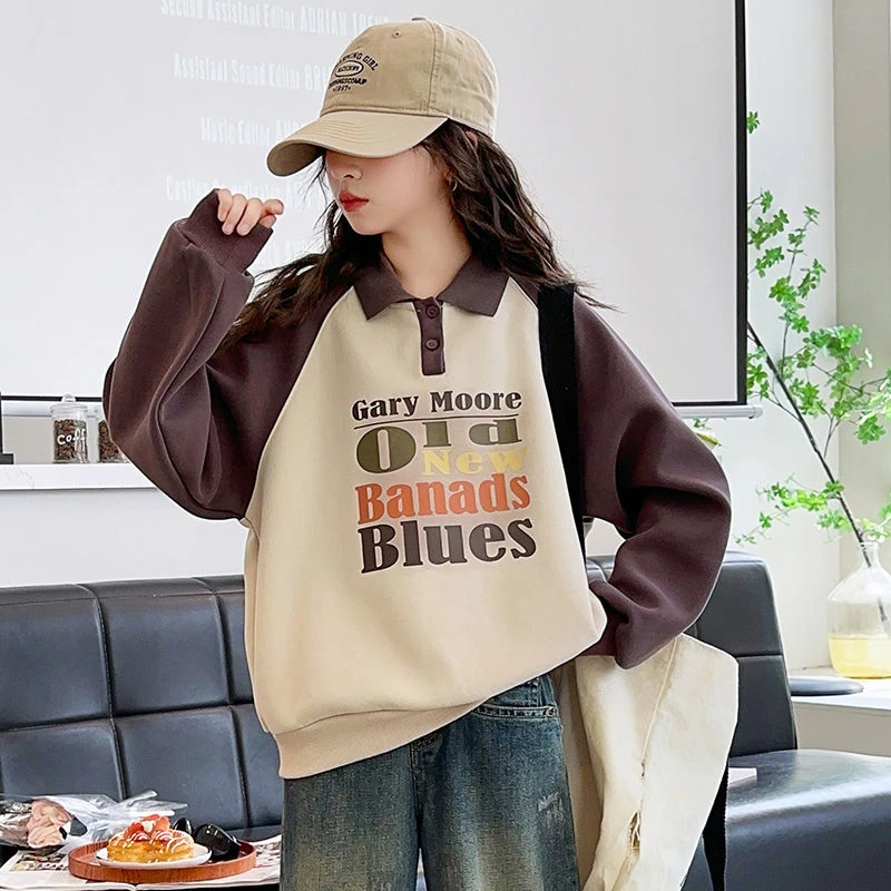 女童卫衣2025新款儿童春秋时髦Polo领上衣中大童宽松休闲童装上衣