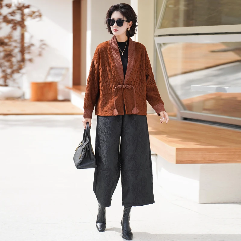 新中式国风复古盘扣上衣外搭大码外套宽松阔腿裤气质减龄两件套装