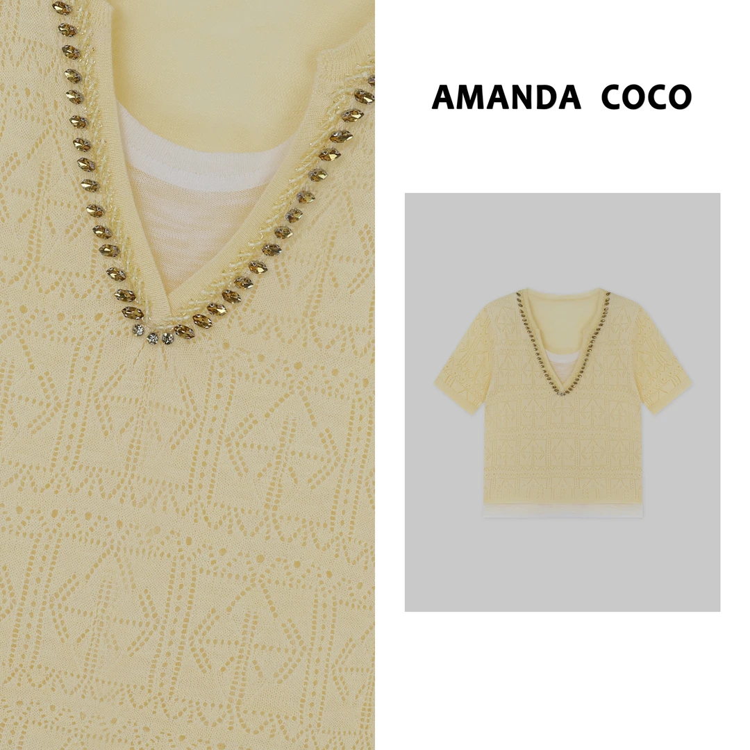 AMANDACOCO  | 夏季薄款串钻提花拼色假两件透气短袖针织衫