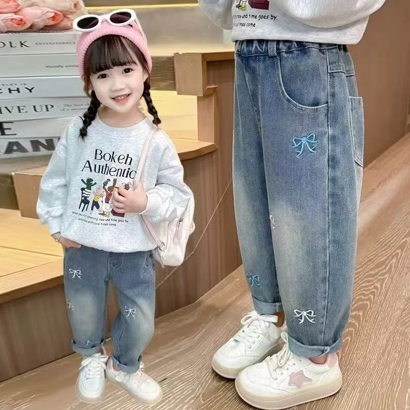 春秋新款牛仔裤宽松萝卜裤刺绣女童裤子休闲洋气百搭款超软韩版潮