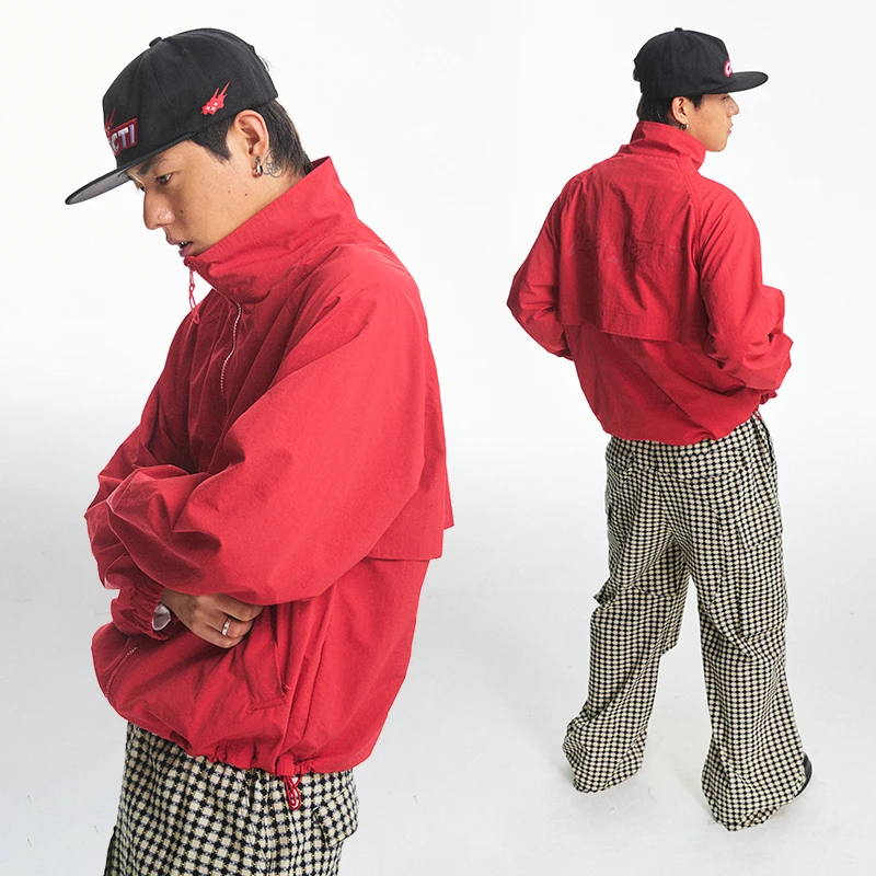 CoosRetro 男士立领宽松透气logo印花下摆抽绳拼接设计教练夹克