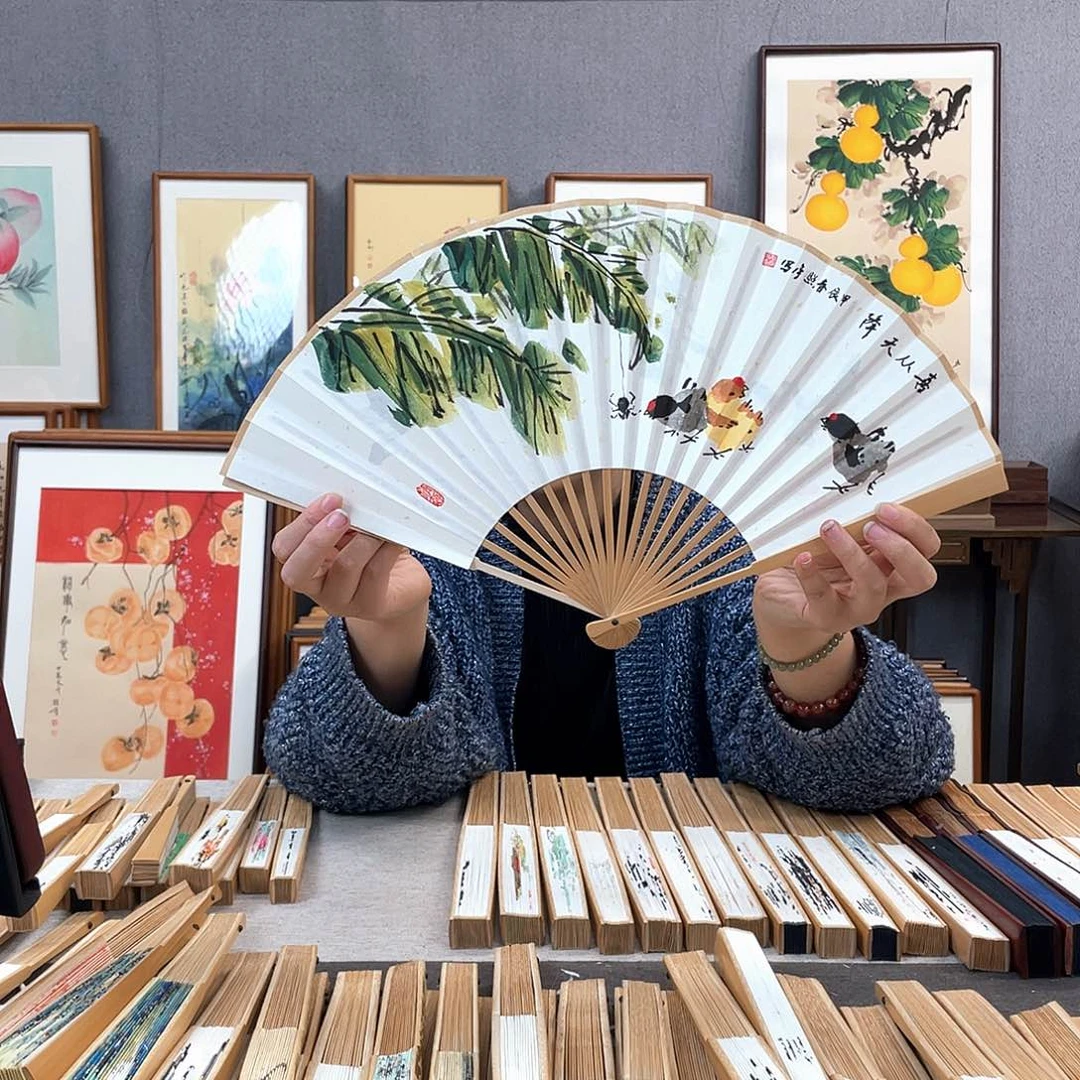 国画8寸玉竹-纯手绘-文玩扇骨（默认粘好）