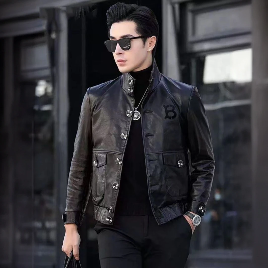 赫柏纪逸秋冬季皮衣休闲修身韩版皮夹克真皮皮衣男翻领高档外套男