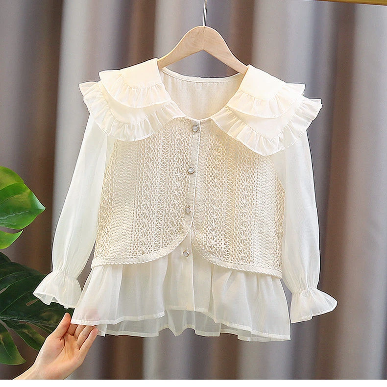 女童假两件上衣长袖春秋蕾丝棉衬小童风洋气时髦娃娃领孩子休闲风