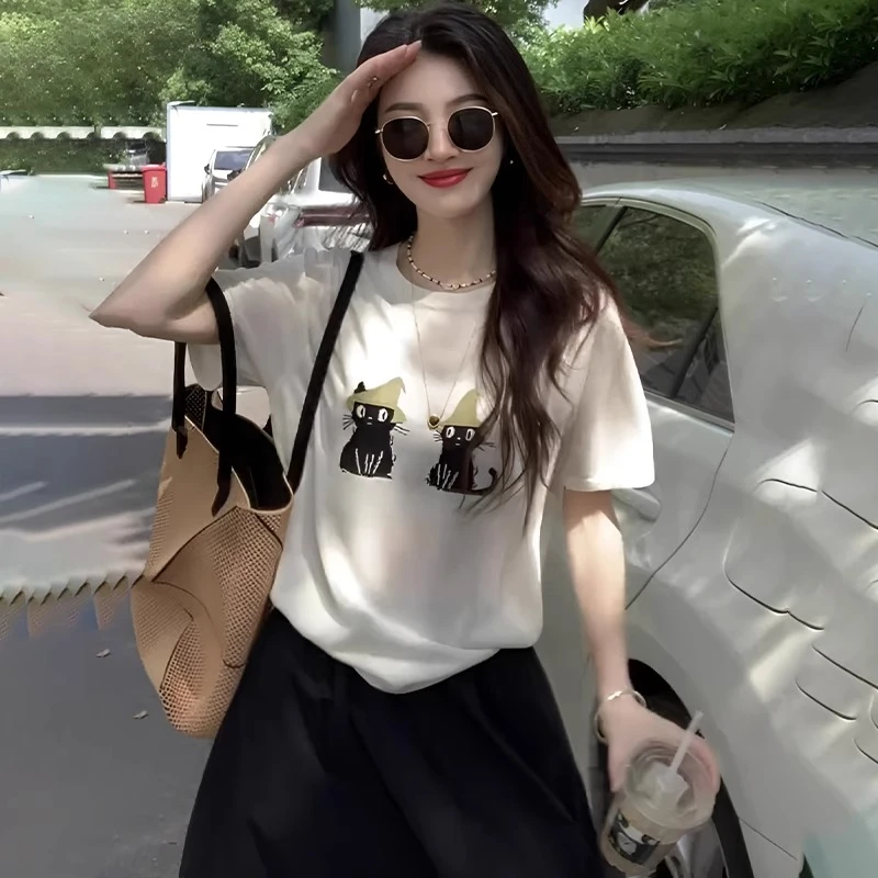 白色印花圆领冰丝短袖针织衫女2025新款夏季宽松显瘦洋气减龄上衣