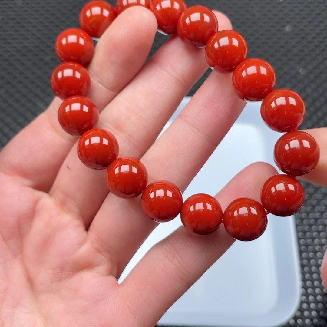 南红玛瑙12mm柿子红圆珠手链整串17颗未镶嵌