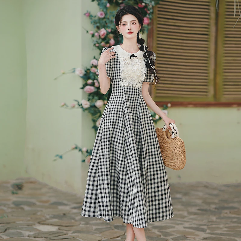 【午后茶话会】法式千金风格子连衣裙显瘦气质复古宫廷风长裙6581