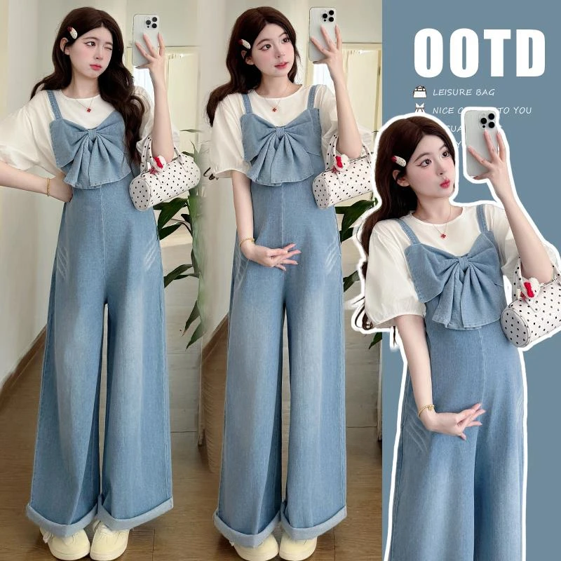 孕妇装夏装2025新款夏季套装牛仔背带裤时尚洋气时髦两件套高级感
