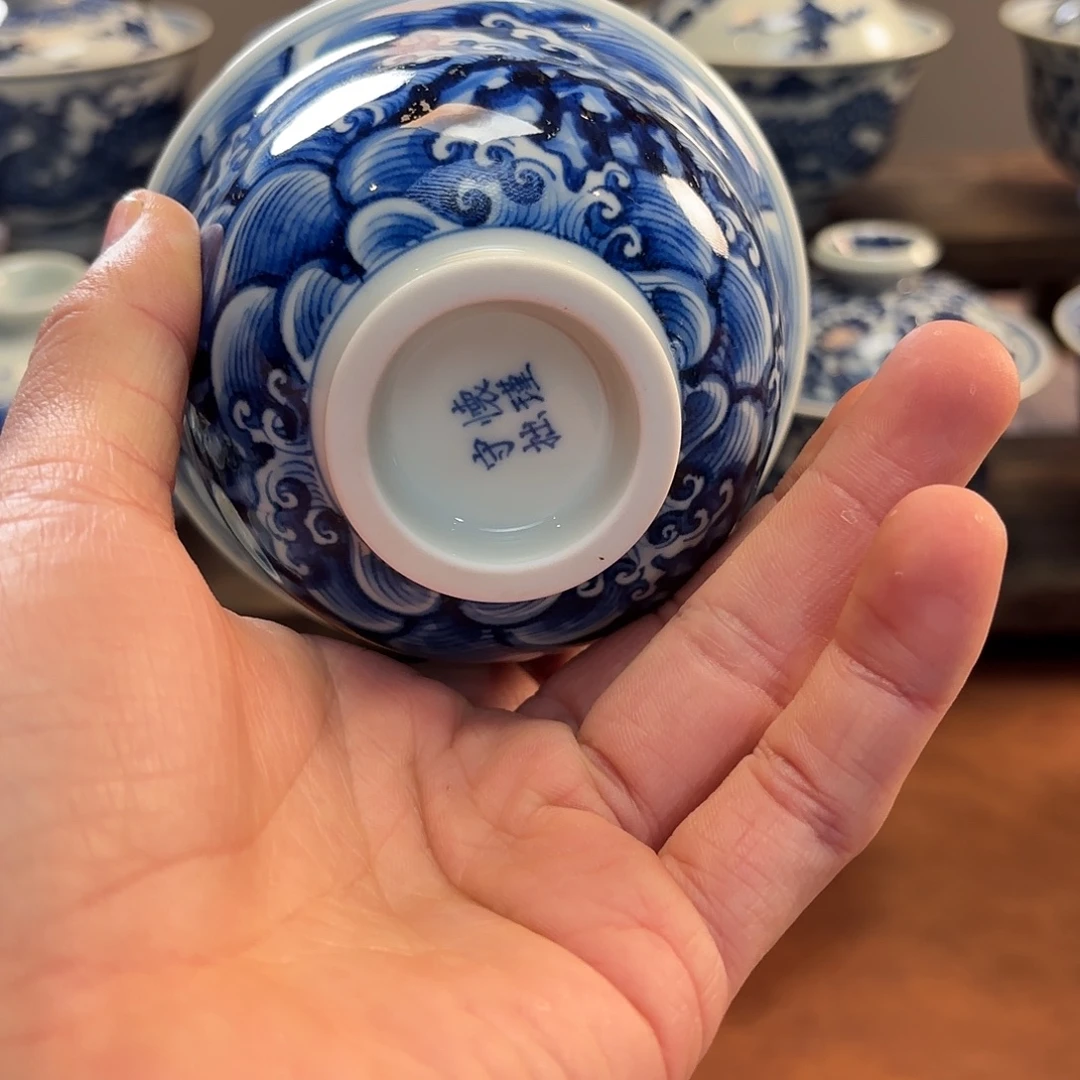 星***岩景德镇纯手工手绘江涯海水盖碗