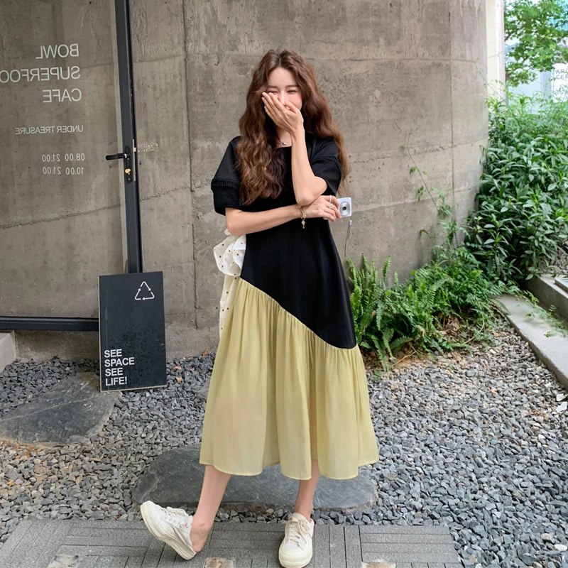 法式泡泡袖连衣裙女2025夏季新款不规则设计感慵懒风穿搭撞色裙子