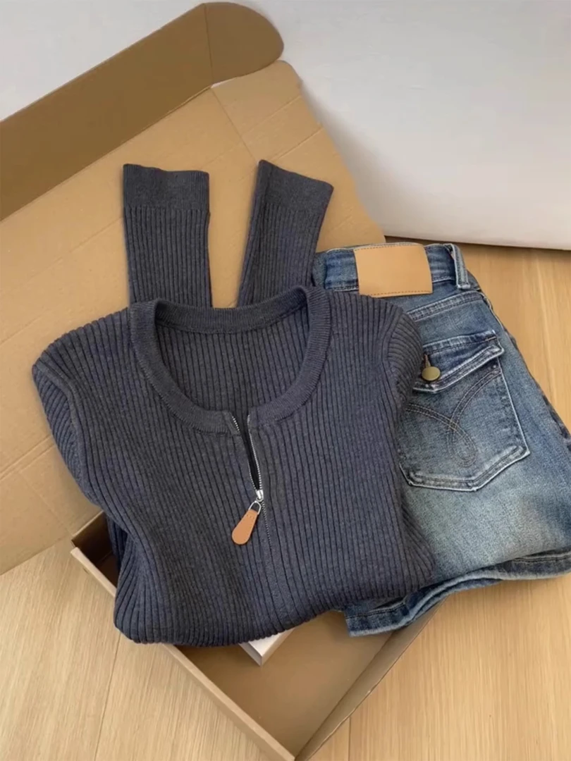 复古双拉链圆领长袖针织开衫女秋季款修身小个子百搭外套显瘦上衣