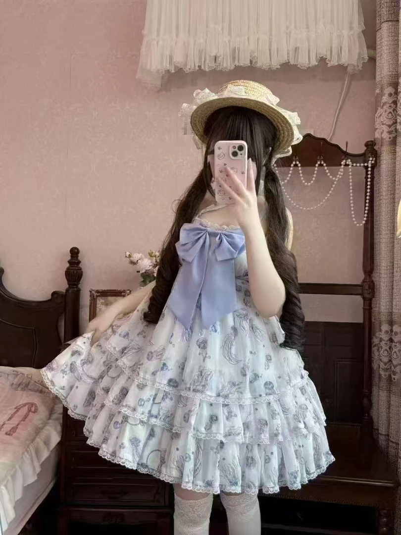 【新款现货】小水母 三段JSK雪纺海边洛丽塔lolita平价LO裙夏日
