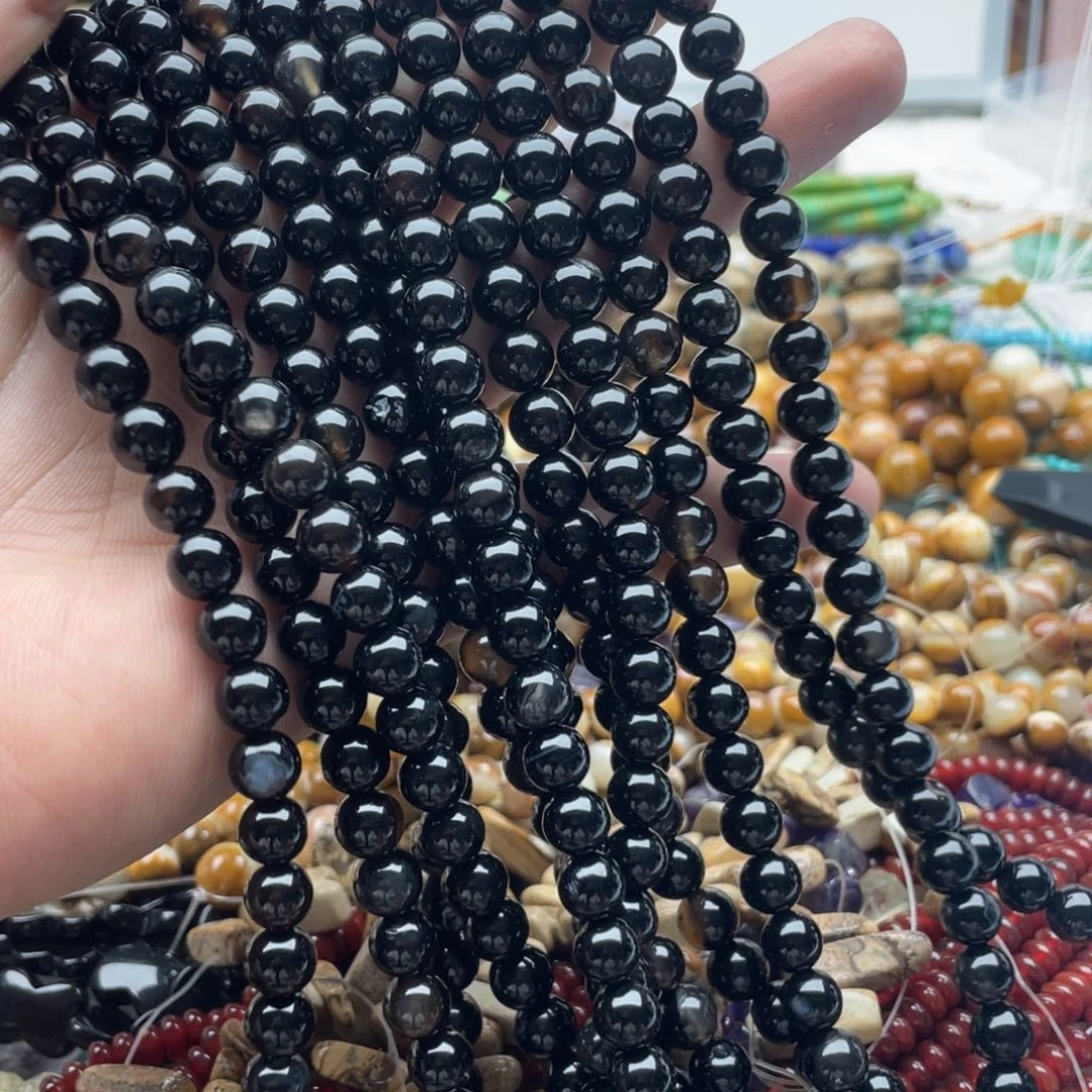 玛瑙/玉髓合金珠宝半成品一条装卡8mm带透黑玛瑙圆珠